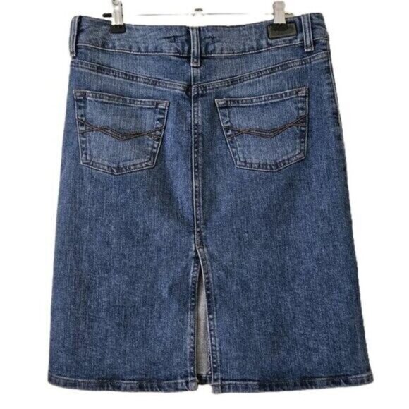 Mavi Ariana Denim Skirt US S Blue Pintuck Midi Back Slit Zip Fly Stretch Preppy - Picture 2 of 10